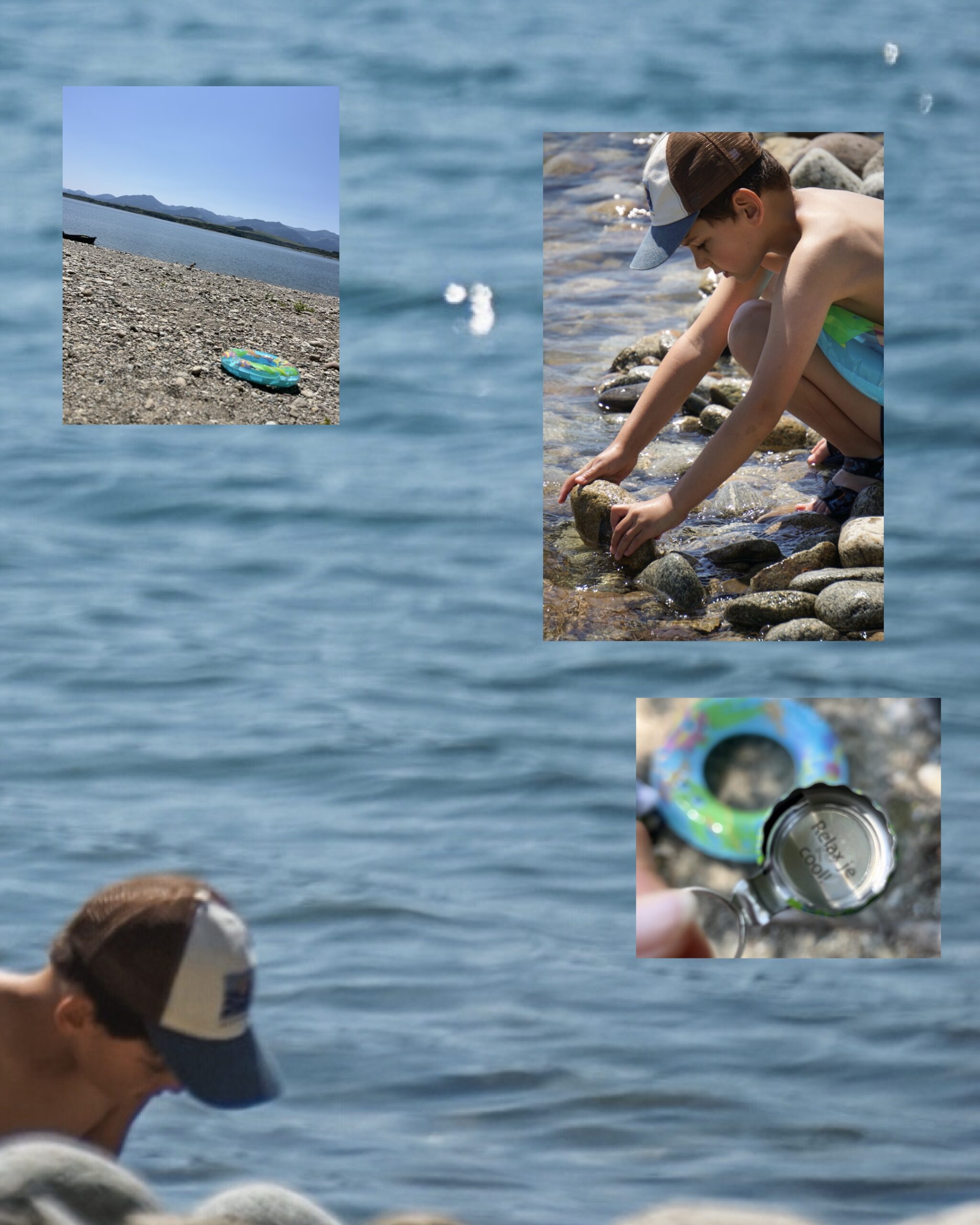 dziecko bawiące się kamieniami nad Liptowską Marą, kamienista plaża i dmuchane kółko, dziecko z lupą ogląda kamienie