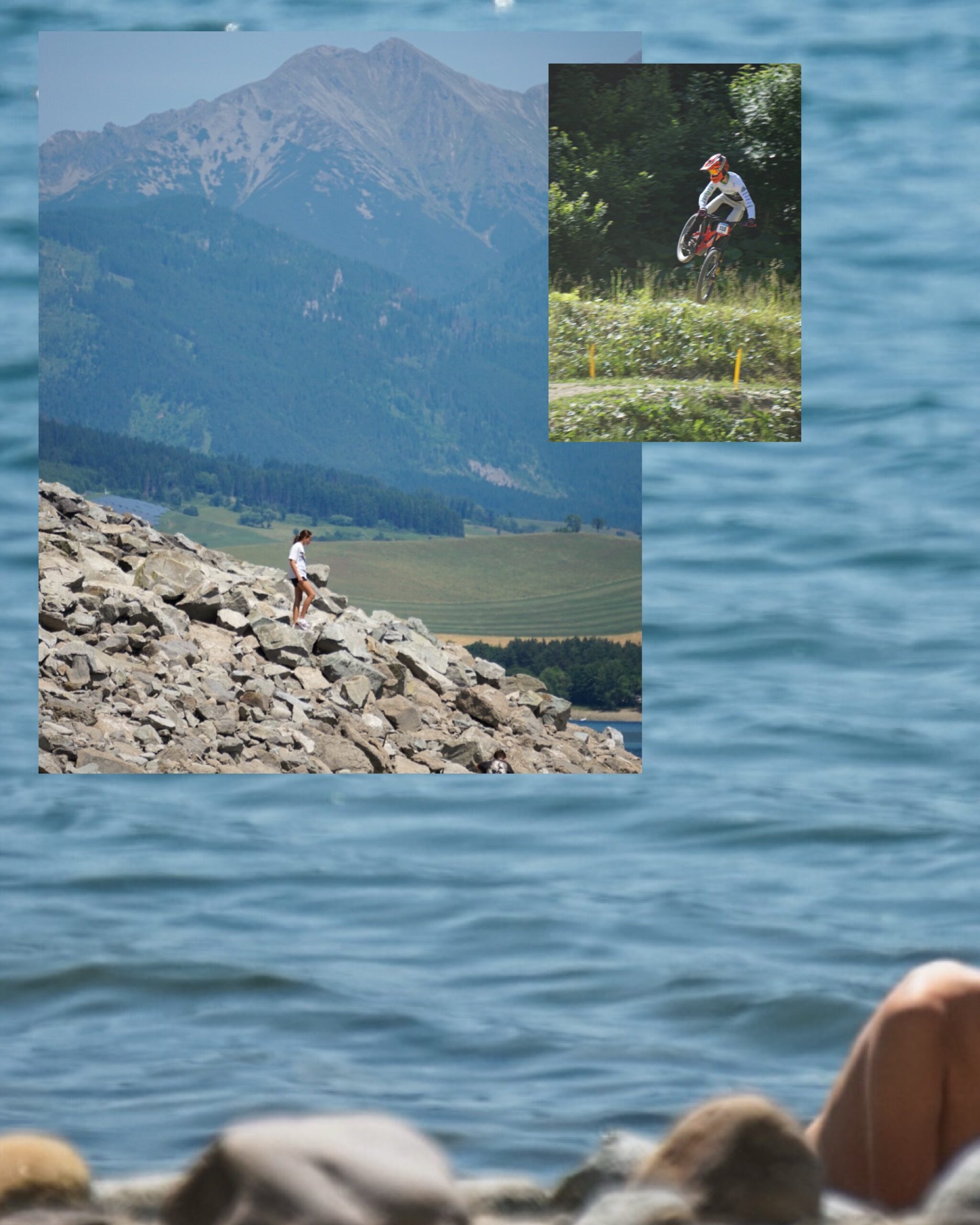 dziecko wspinające się po skałach nad Liptowską Marą, panorama gór w tle, kolarz na rowerze downhillowym podczas zawodów