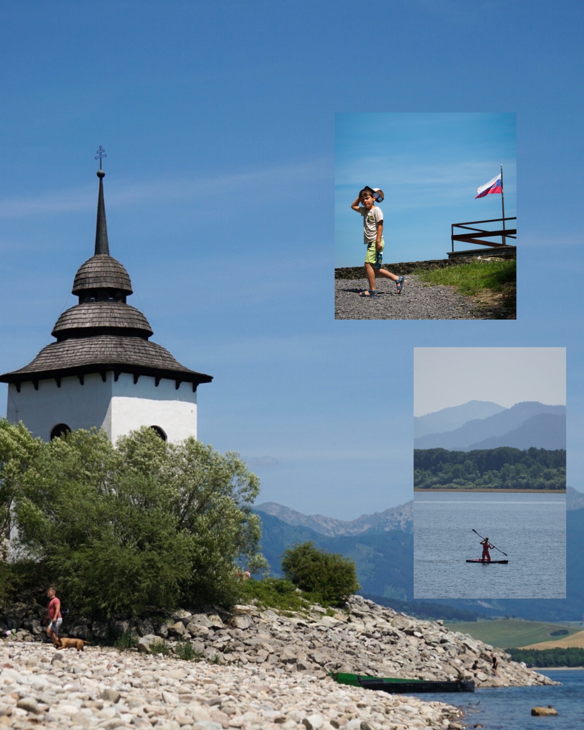 kościółek nad Liptowską Marą, dziecko z ojcem na ścieżce z flagą Słowacji, osoba na desce SUP na jeziorze