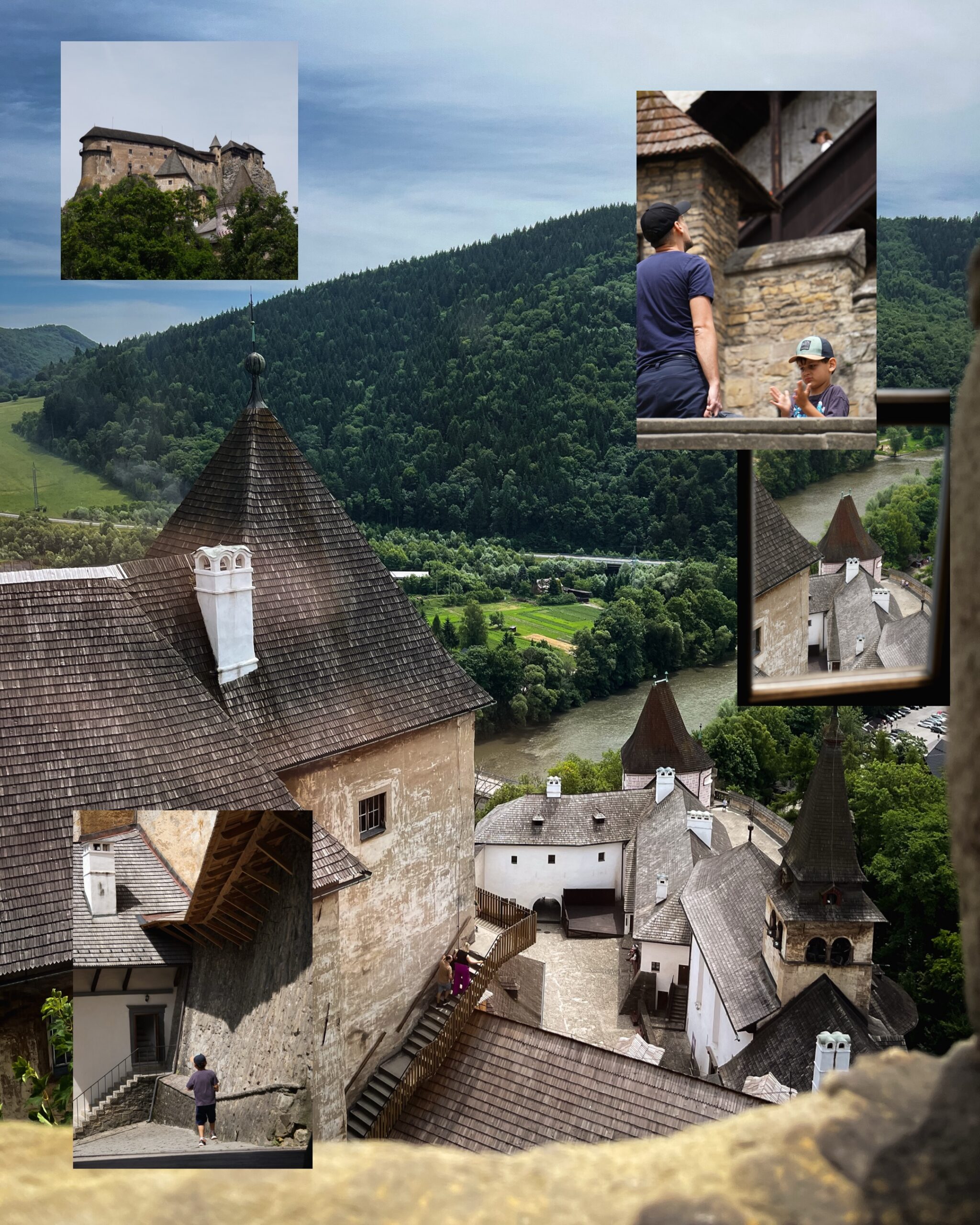 Zamek Orawski na skale z panoramą doliny; fragmenty zamkowych dziedzińców i mury oglądane podczas zwiedzania.