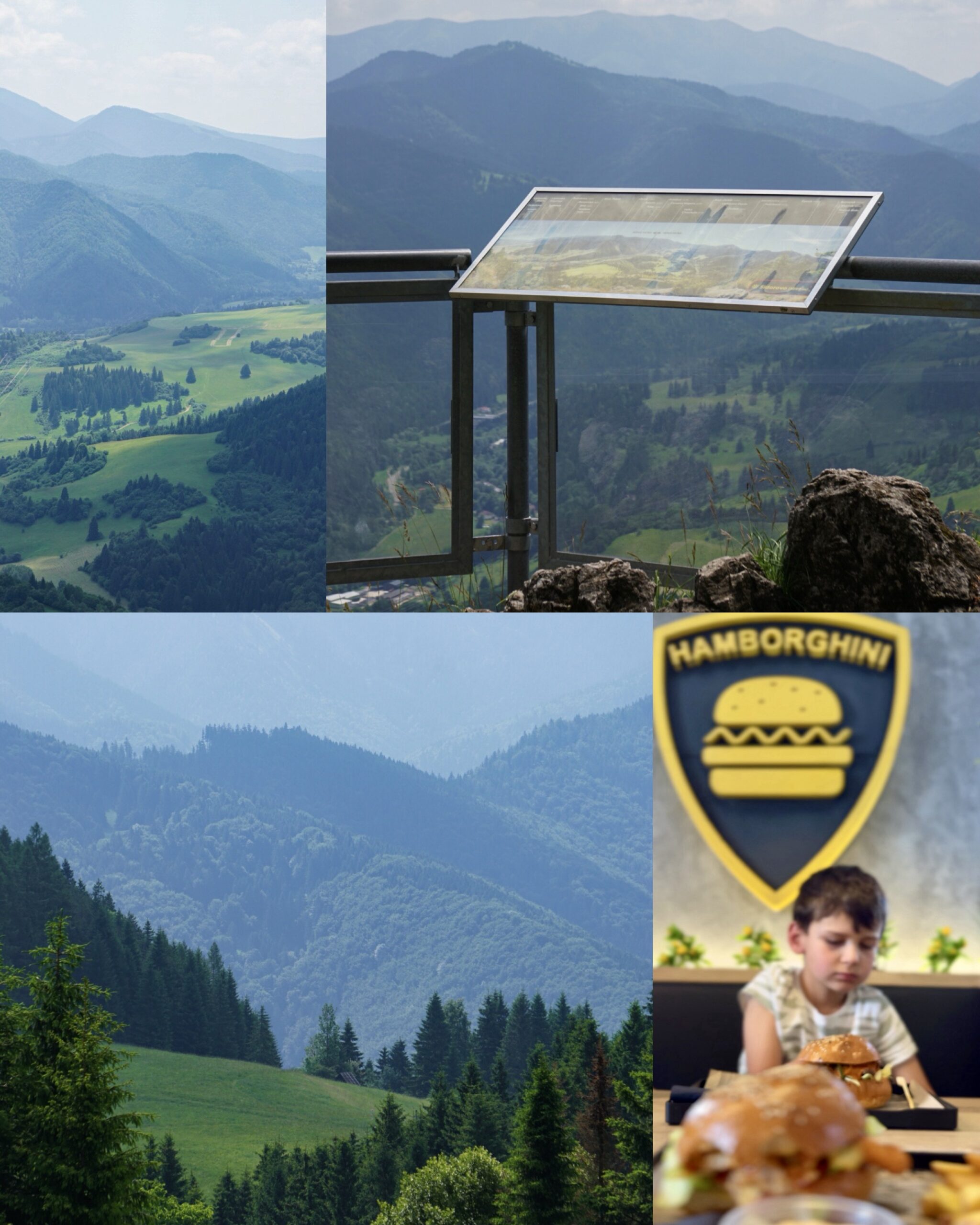 Panorama gór z Malino Brdo,
Tablica informacyjna na punkcie widokowym Malino Brdo,
Widok na doliny i lasy Słowacji,
Dziecko jedzące burgera w restauracji Hamborghini, Ružomberok.