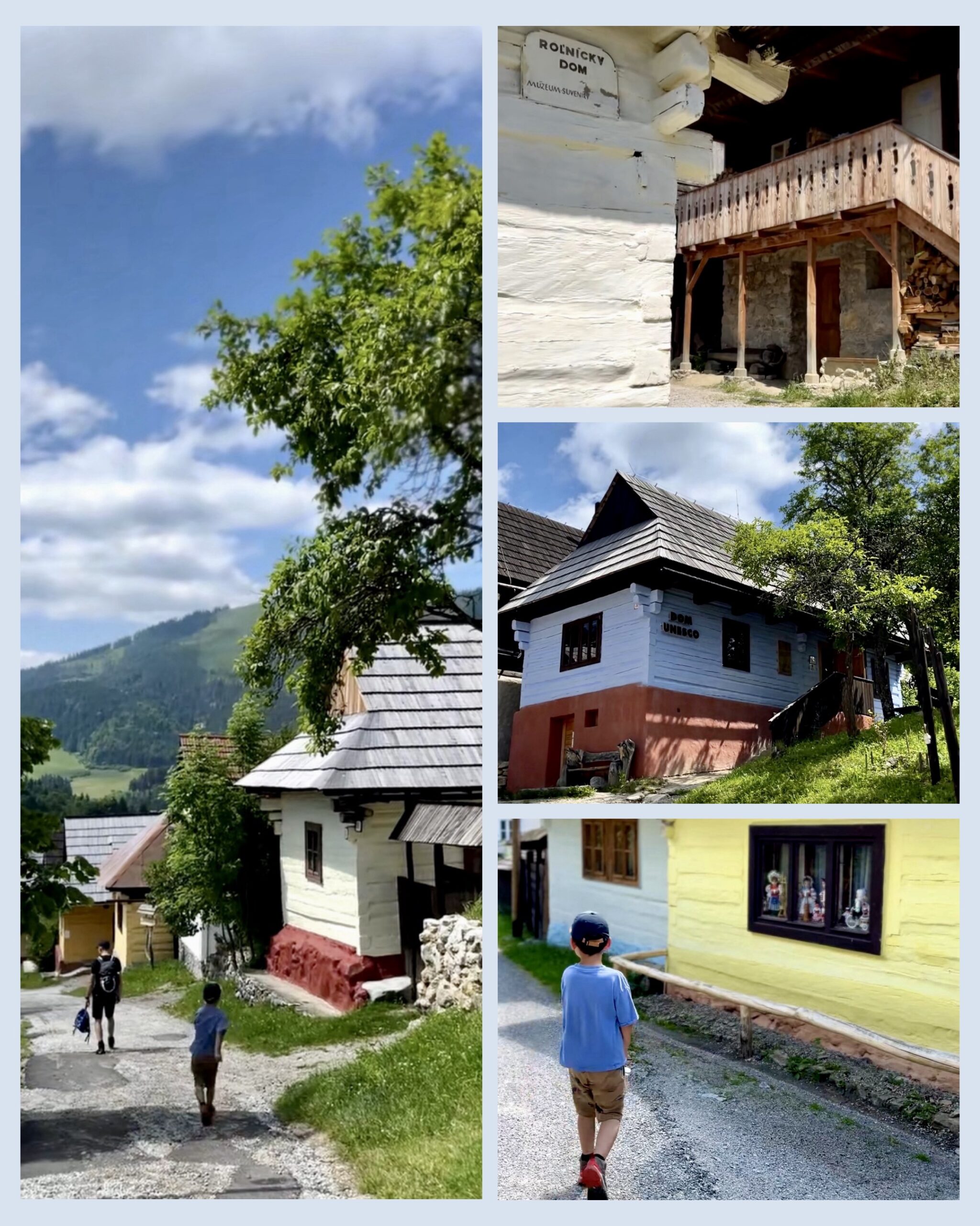 Drewniane domy we Vlkolíncu UNESCO,
Spacer uliczkami wioski Vlkolínec,
Chłopiec zwiedzający Vlkolínec,
Kolorowe drewniane chałupy Vlkolínec.