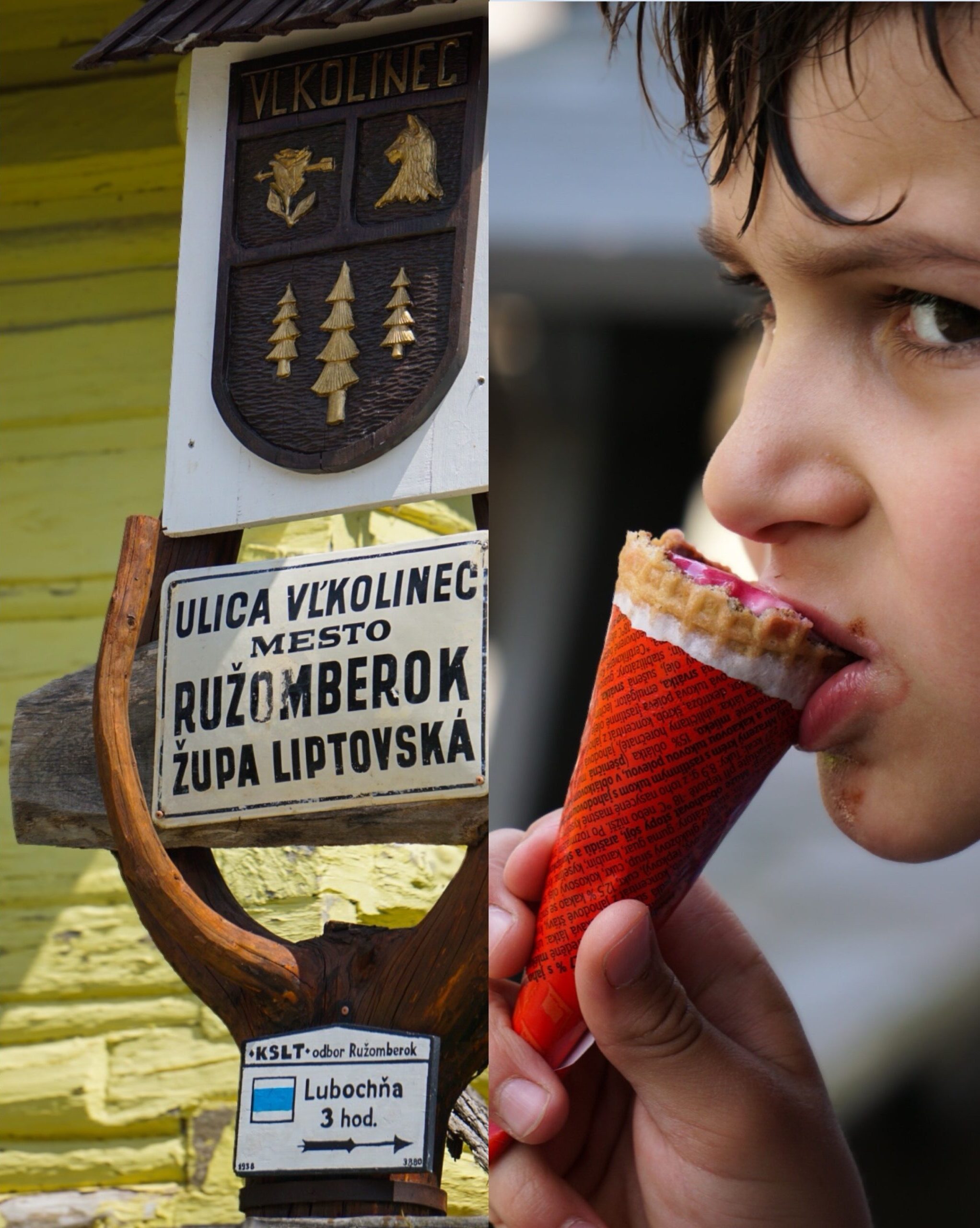 Drewniany herb i tablica wioski Vlkolínec,
Znak kierunkowy Ružomberok – Vlkolínec,
Chłopiec jedzący lody we Vlkolíncu.
