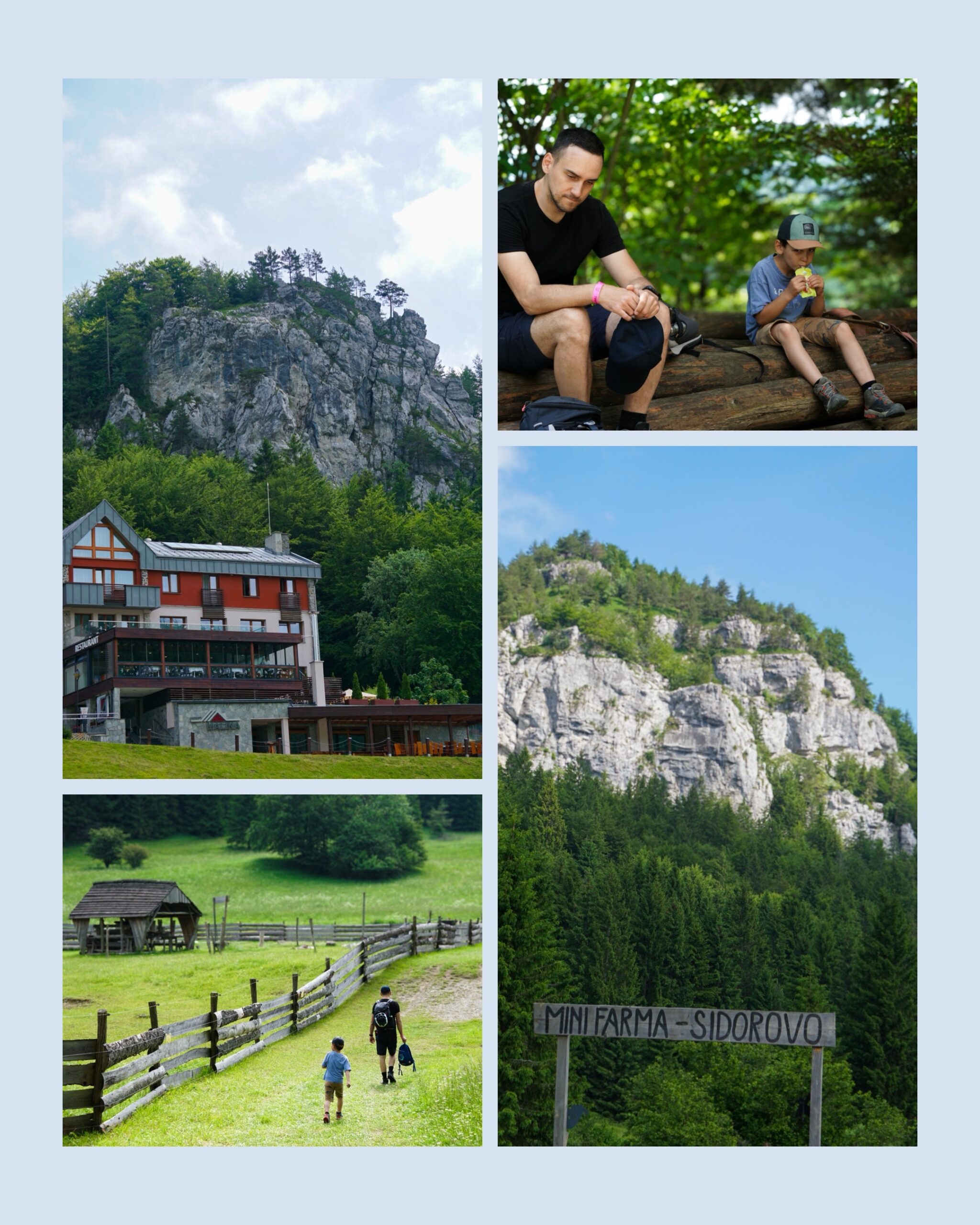 Szczyt Sidorovo 1099 m,
Skały i panorama z góry Sidorovo,
Mini Farma Sidorovo – ogrodzenie i pastwiska,
Ojciec i syn odpoczywający w lesie na szlaku.