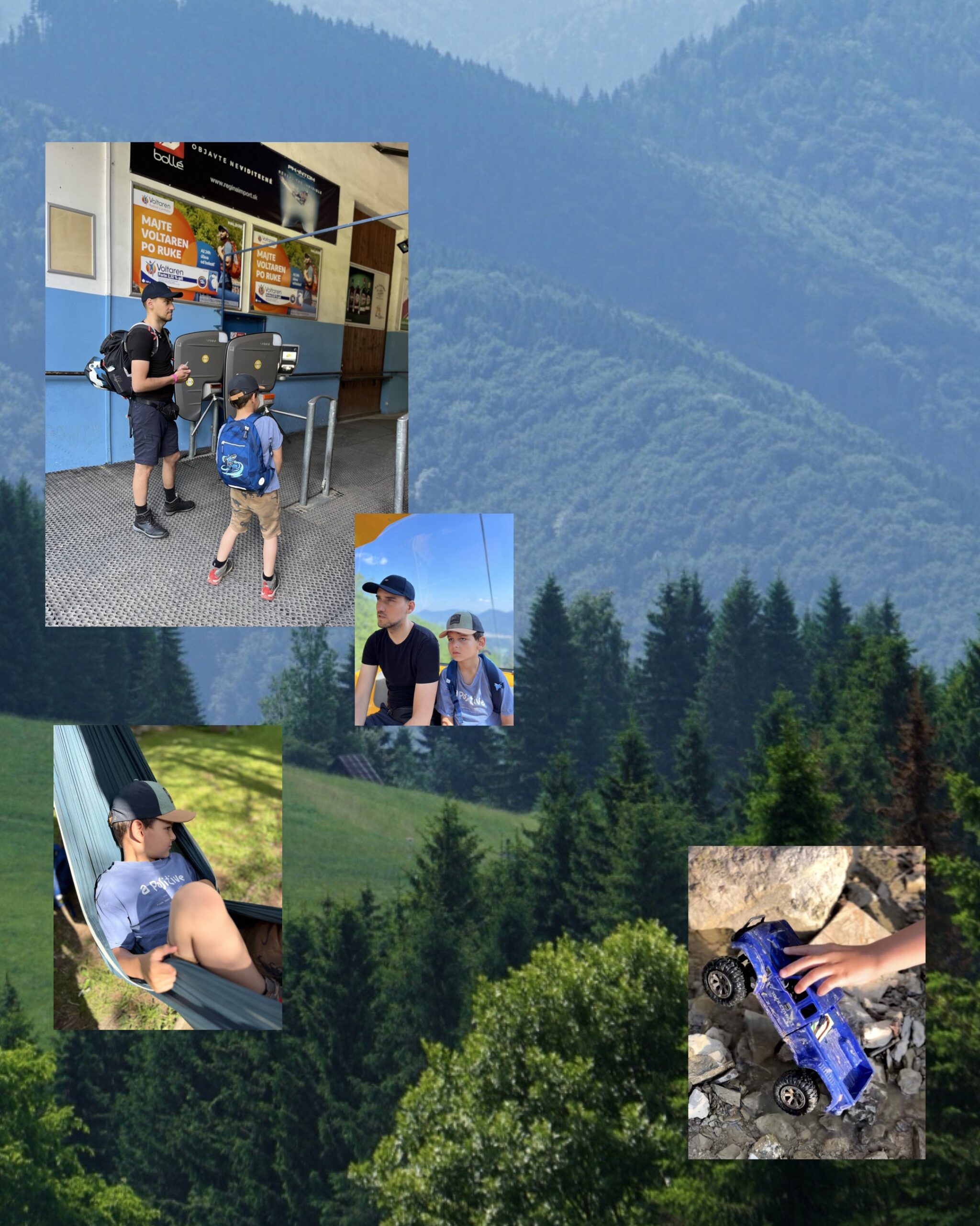 Wejście do kolejki Malino Brdo – bramki biletowe,
Podróż kolejką linową Malino Brdo,
Odpoczynek w hamaku w Dolinie Hrabovskej,
Samochód RC w terenie Doliny Hrabovskej.