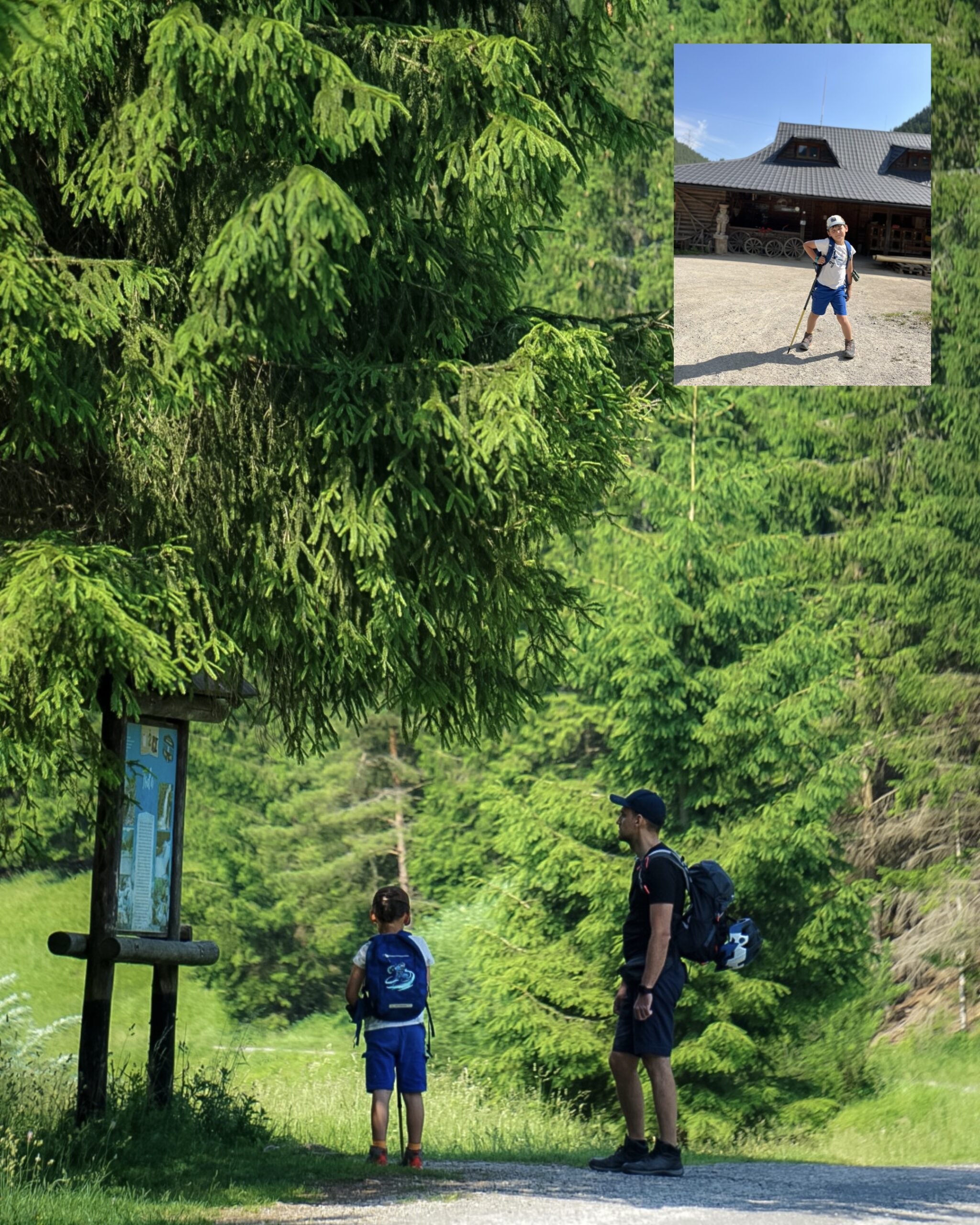 Tablica edukacyjna Dolina Čutkovská,
Rodzina na szlaku Dolina Čutkovská,
Chłopiec na tle drewnianego domu w Dolinie Čutkovskej.