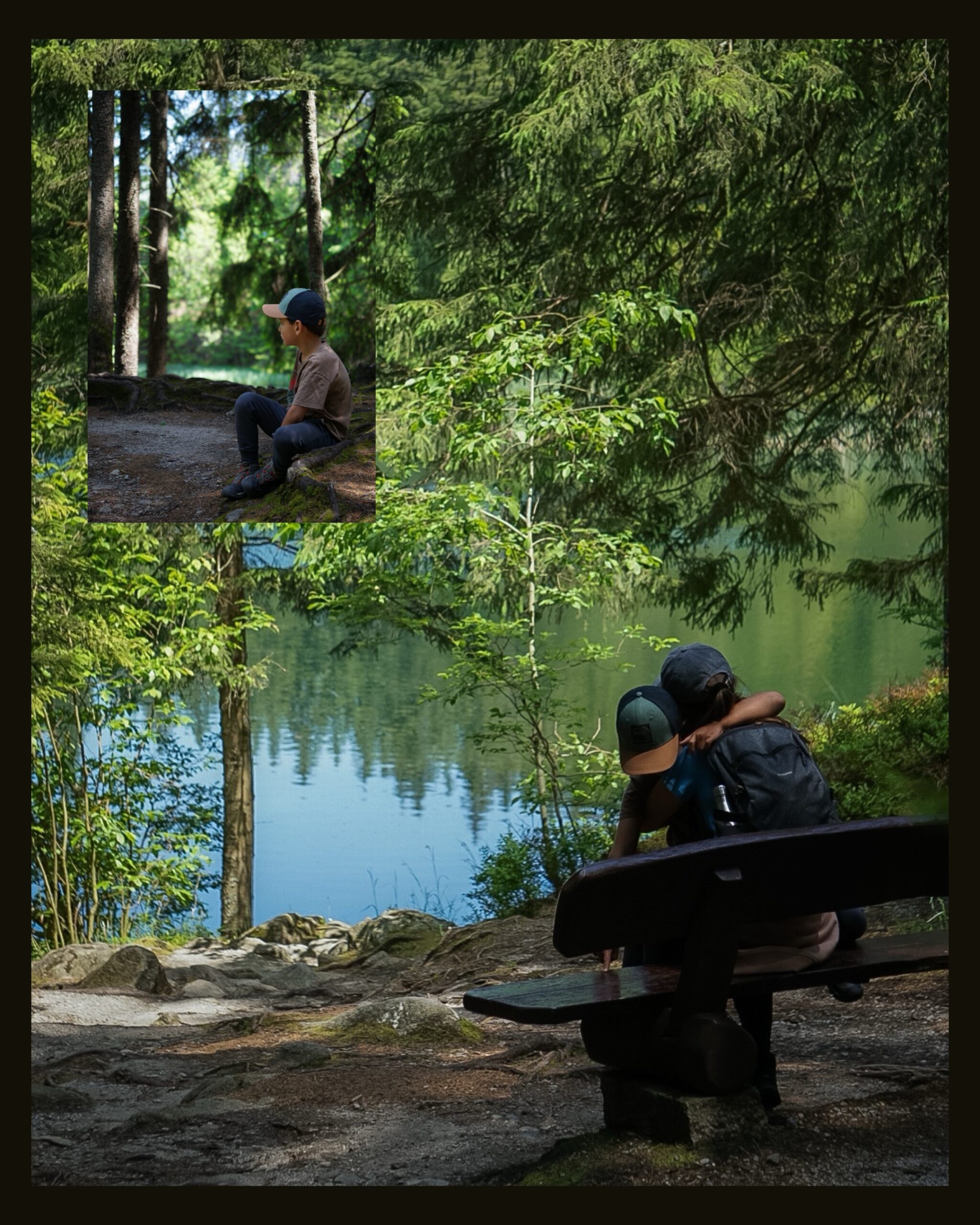 widok na Jezioro Vrbické, otoczone lasem, góry w tle, mama i syn w górach