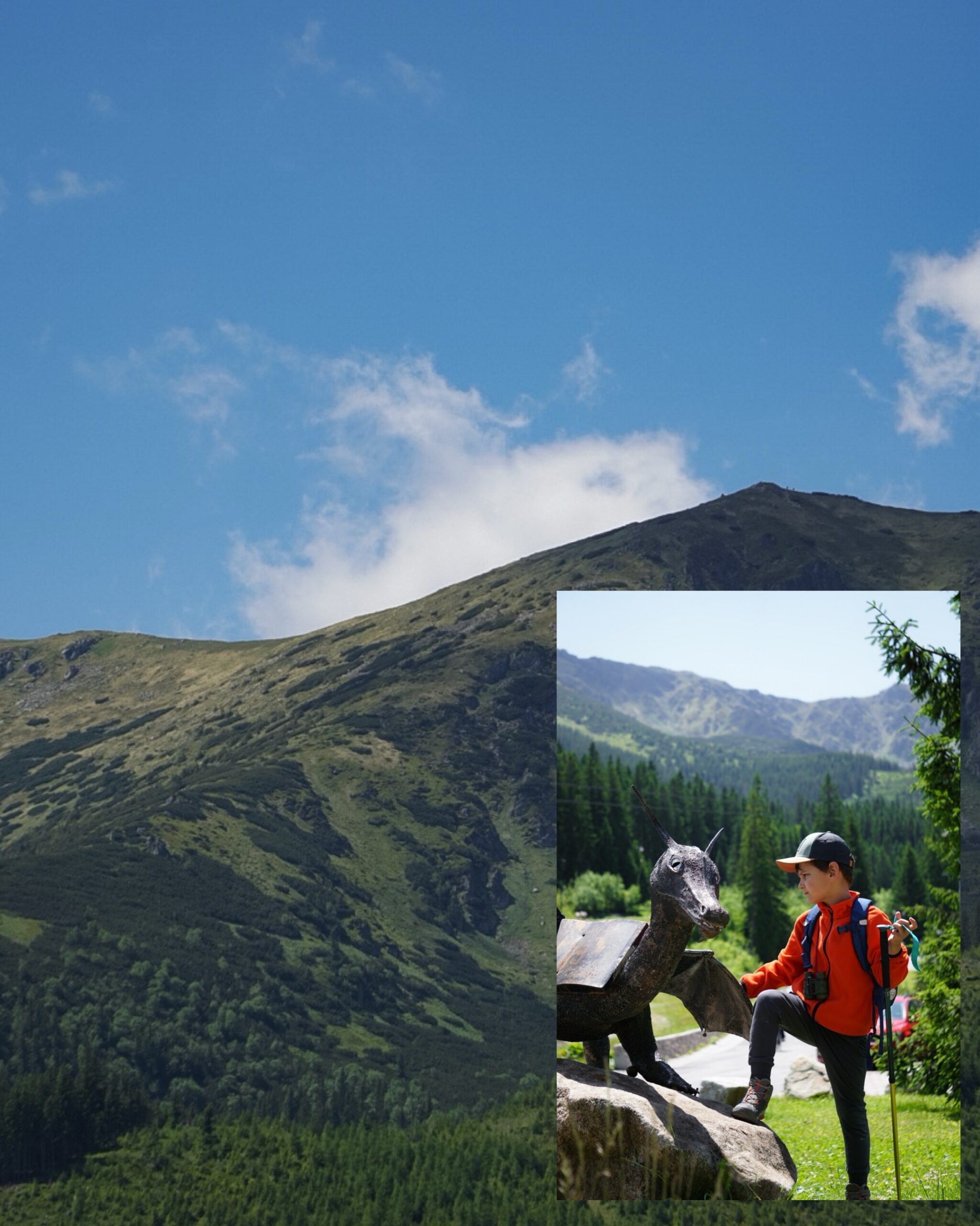 widok na Jezioro Vrbické, otoczone lasem, góry w tle, dziecko w górach Słowacji, smok