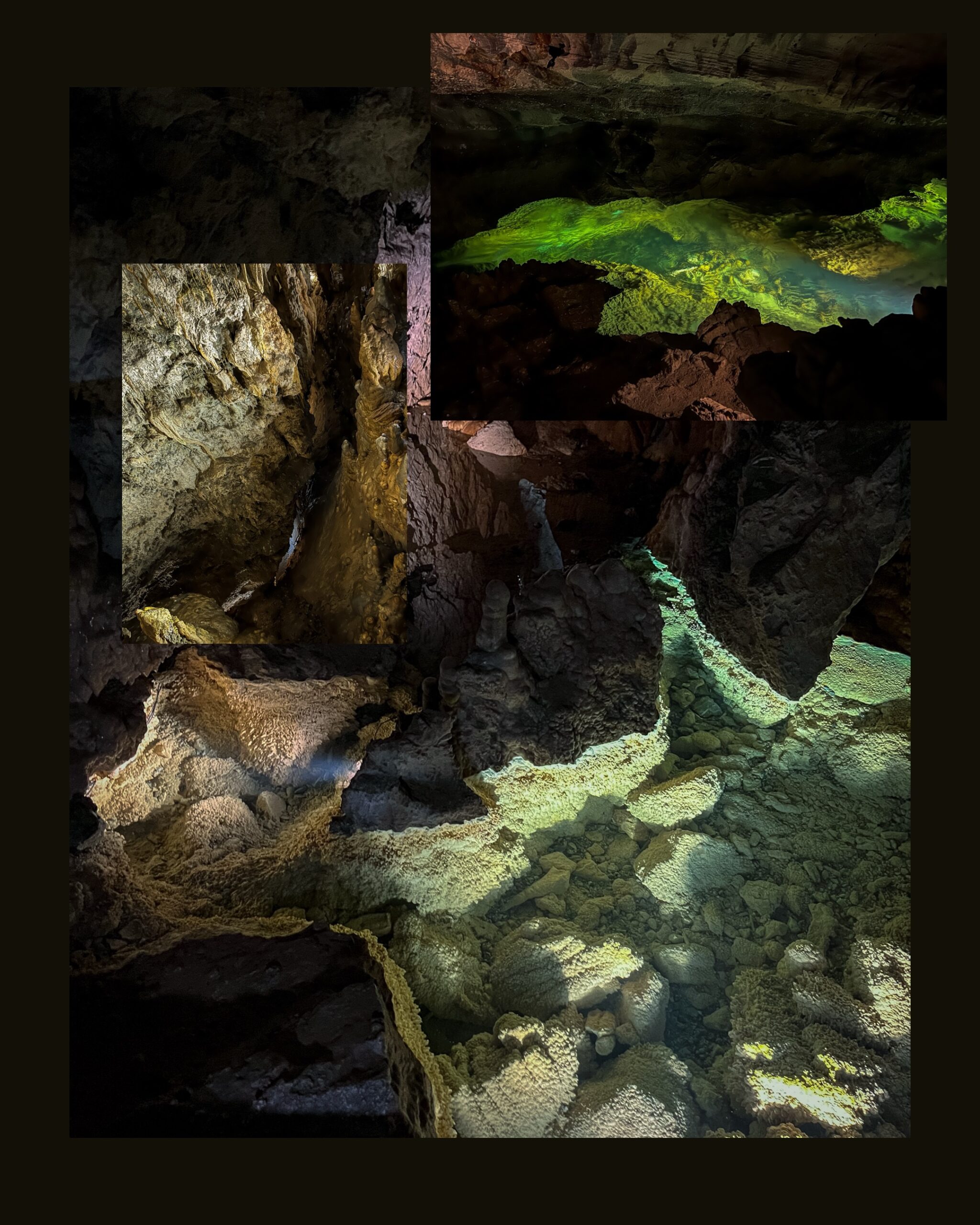 podziemne jezioro w Jaskini Demianowskiej, zielona woda, oświetlone skały