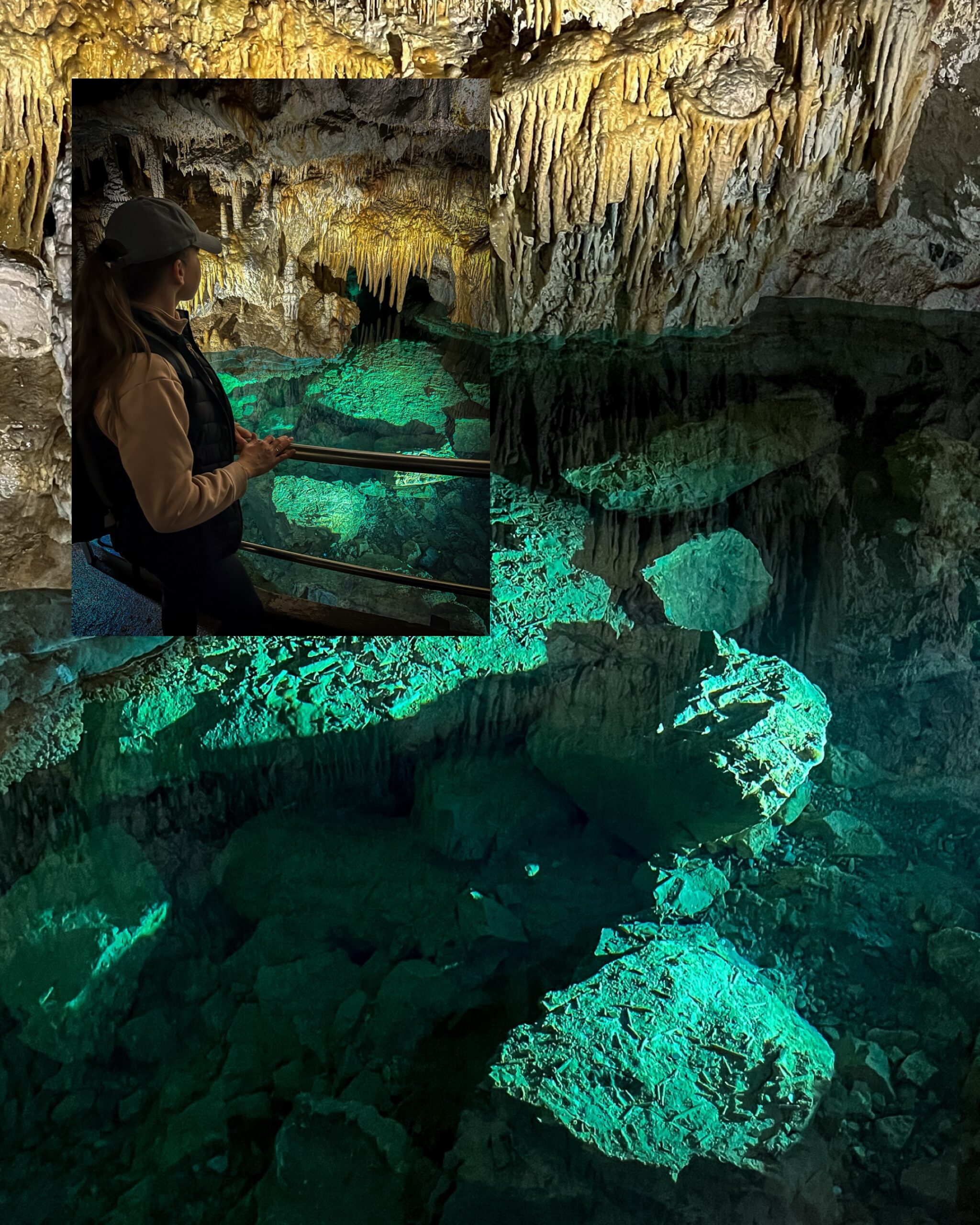 wnętrze Jaskini Demianowskiej, stalaktyty, podziemne formacje skalne, podziemne jezioro w Jaskini Demianowskiej, zielona woda, oświetlone skały