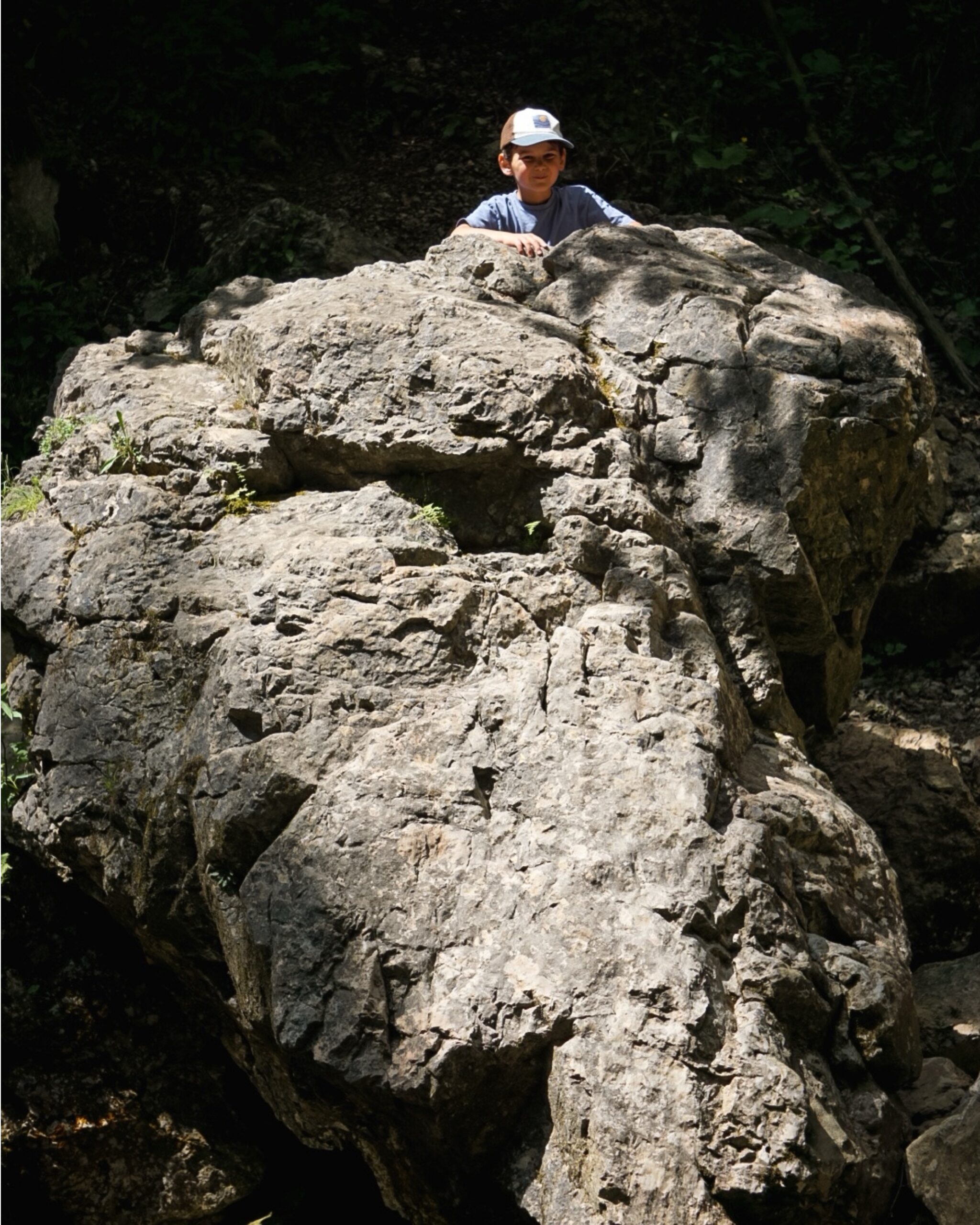 Chłopiec wspina się na duży kamień w Dolinie Prosieckiej