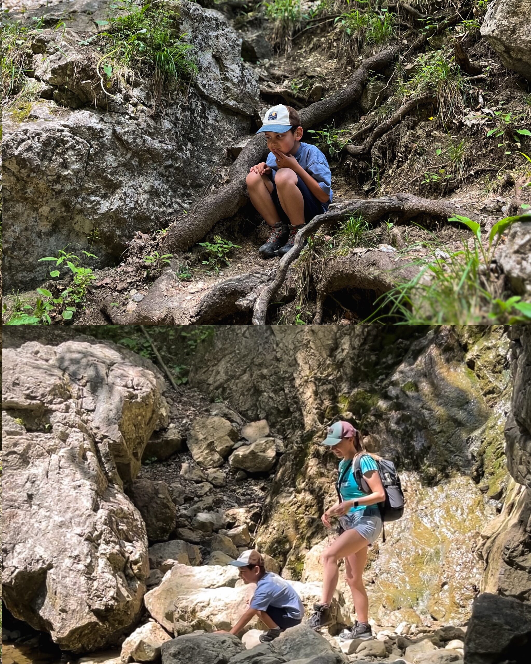 Chłopiec siedzi przy korzeniach drzew, kobieta i dziecko przy strumieniu w Dolinie Prosieckiej