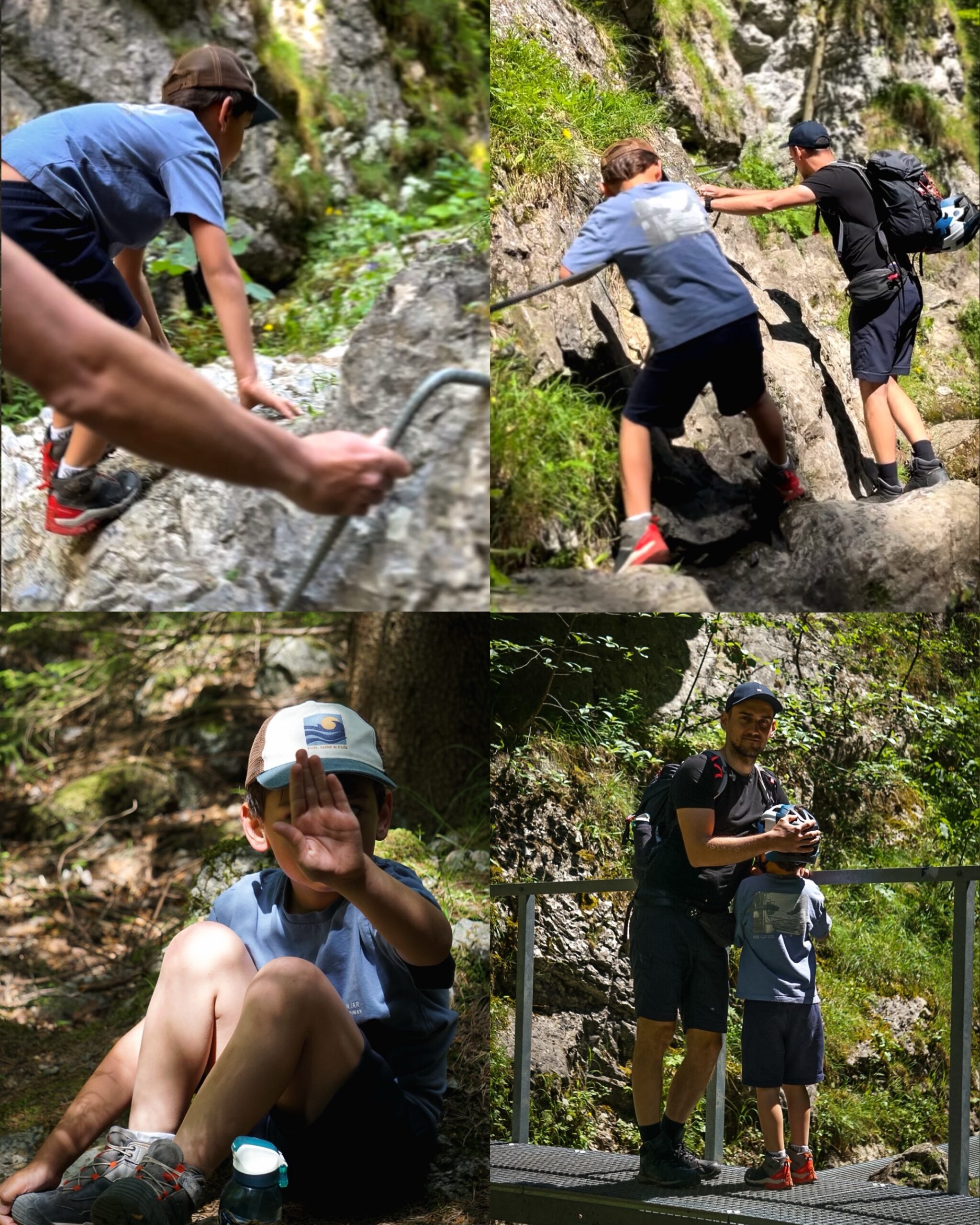 hłopiec wspina się po skale z łańcuchem, ojciec pomaga dziecku, chłopiec odpoczywa w lesie, ojciec przytula syna na mostku