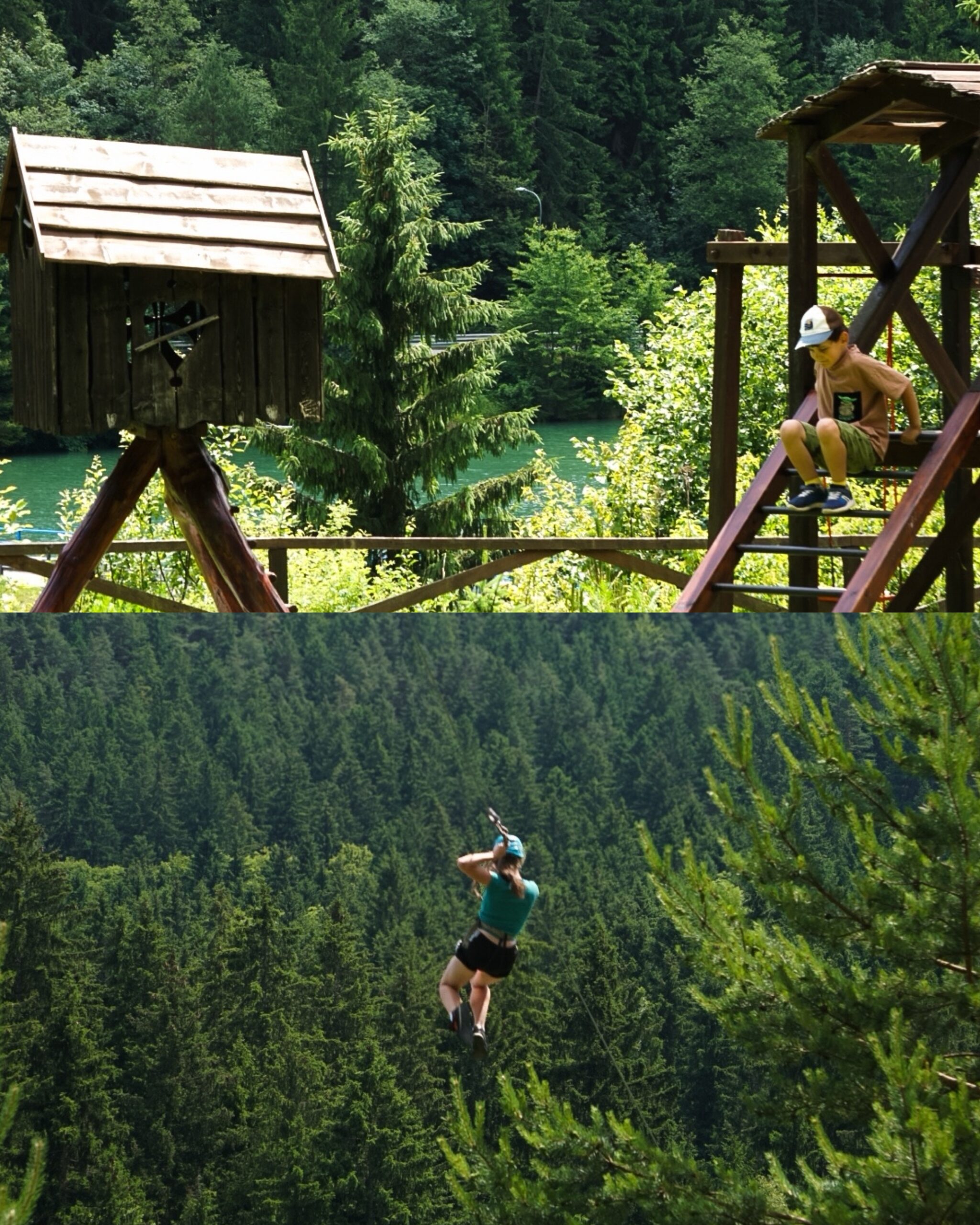 Chłopiec bawi się na drewnianym placu zabaw z widokiem na jezioro, w tle kobieta zjeżdża na tyrolce nad lasem.